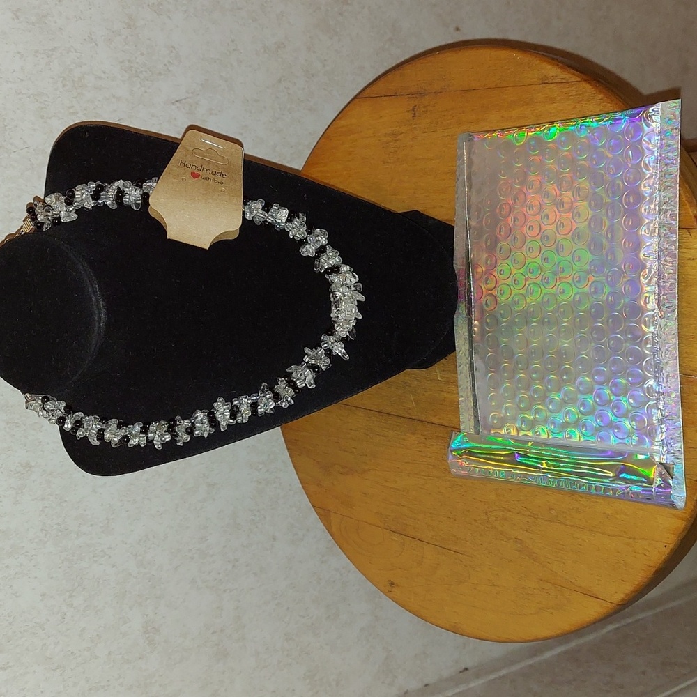 Kumihimo Clear Crystal And Black Glass Beads Choker Necklace.